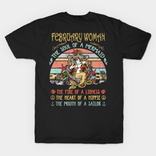 February Woman The Soul Of A Mermaid Vintage Birthday Gift T-Shirt